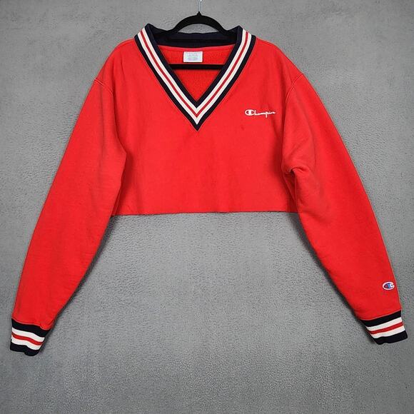 Champion Reverse Weave Sweatshirt Womens Large Red Cropped V-Neck Pullover - Picture 1 of 13